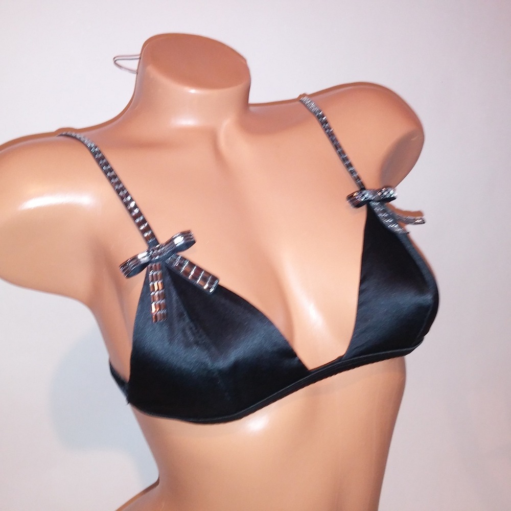 Victoria's Secret Bralette Bra XS Black Silver Bling Studded Satin Bows Unlined